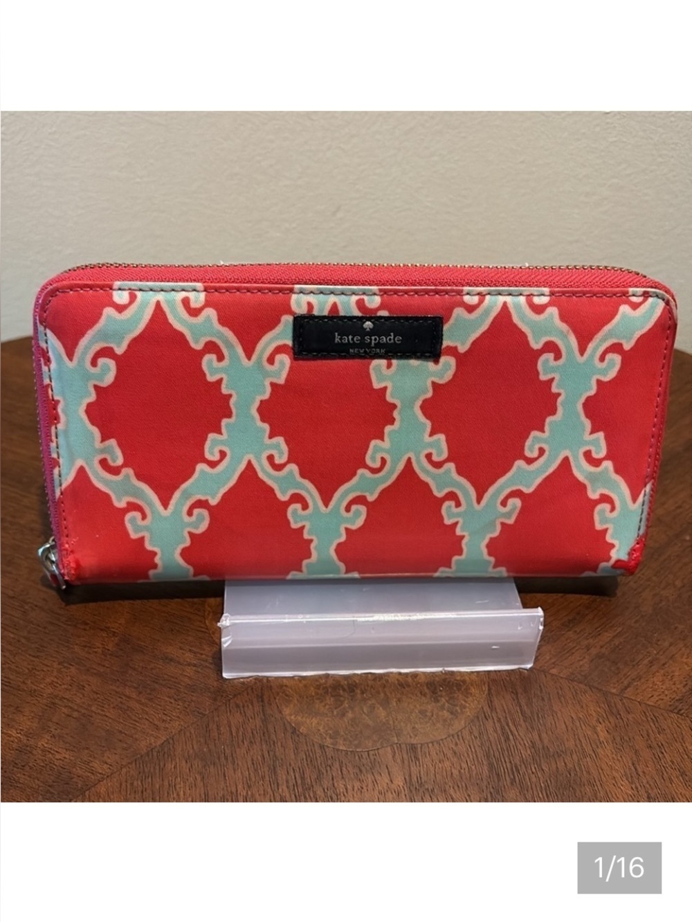 Kate Spade long wallet very vintage vinyl covered canvas red/mint ivory intee